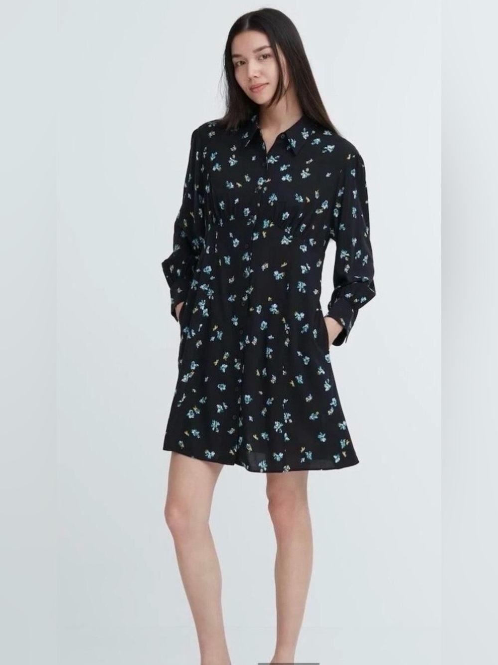 EUC Uniqlo Black Floral Rayon Mini Dress Small